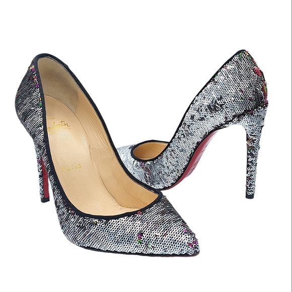Christian Louboutin Pigalle Follies 100 Sequined Pumps Silver Multicolored 36 - Picture 1 of 16